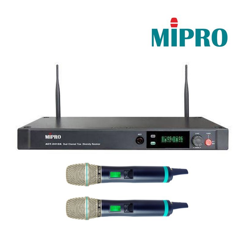 MIPRO 【MIPRO】ACT-2412A/ACT-240H 雙頻道無線麥克風組(數位式接收機+手持麥克風兩支) 含 TYPE-C充電線 18500充電池 — 三峽麥克風