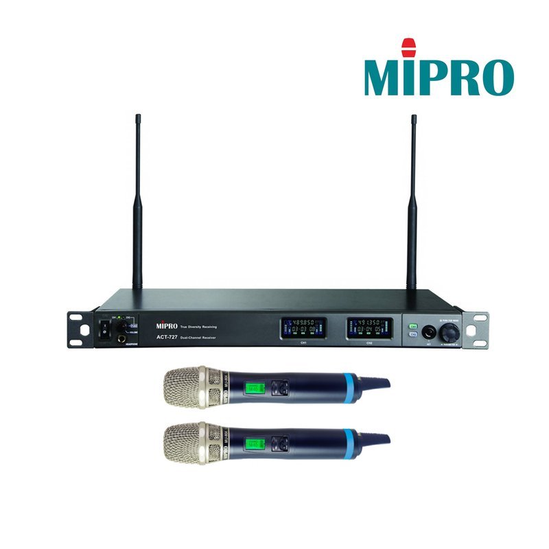 MIPRO 【MIPRO】ACT-727/ACT-700H*2 72MHZ寬頻雙頻道純自動選訊 (雙頻道UHF寬頻接收機+手持麥克風兩支) — 三峽麥克風