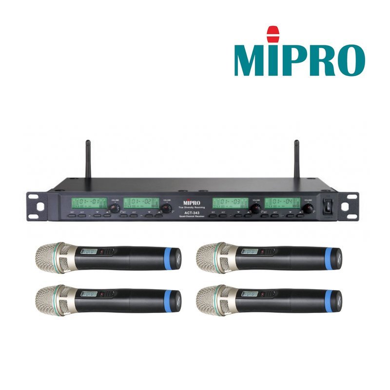 MIPRO 【MIPRO】ACT-343/ACT32H (四頻道接收機+手持麥克風四支) 1U 4CH 模組化自動選訊無線麥克風系統 — 三峽麥克風