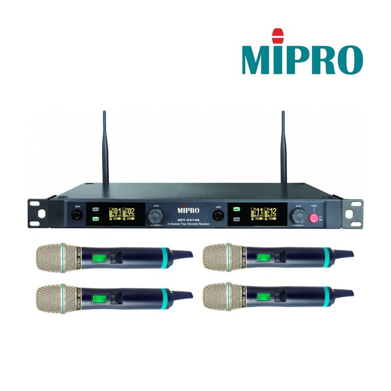 MIPRO 【MIPRO】ACT-2414A/ACT-240H*4 四頻道無線麥克風組(數位式接收機+手持麥克風四支) 含TYPE-C充電線 18500充電池 — 三峽麥克風