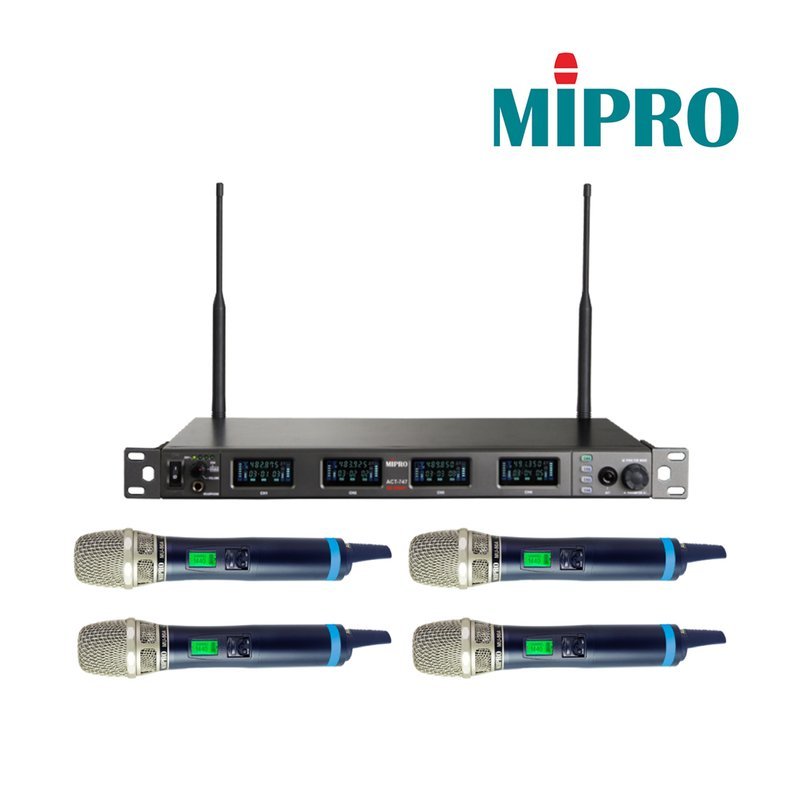 MIPRO 【MIPRO】ACT-747/ACT-700H 72MHZ寬頻四頻道純自動選訊 (四頻道UHF寬頻接收機+手持麥克風四支) — 三峽麥克風