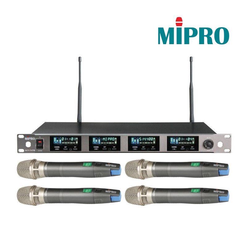 MIPRO 【MIPRO】ACT-747B/ACT-72H ACT-VFD 1U四頻道純自動選訊無線麥克風組 (四頻道窄頻接收機+手持麥克風四支) — 三峽麥克風