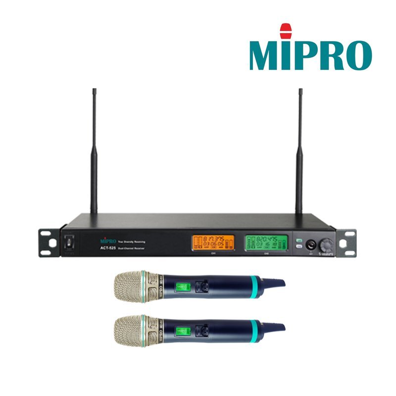 MIPRO 【MIPRO】ACT-525/ACT-500H 1U 2CH 純自動選訊無線麥克風 (雙頻道窄頻接收機+手持麥克風兩支) 含 TYPE-C充電線 18500充電池 — 三峽麥克風