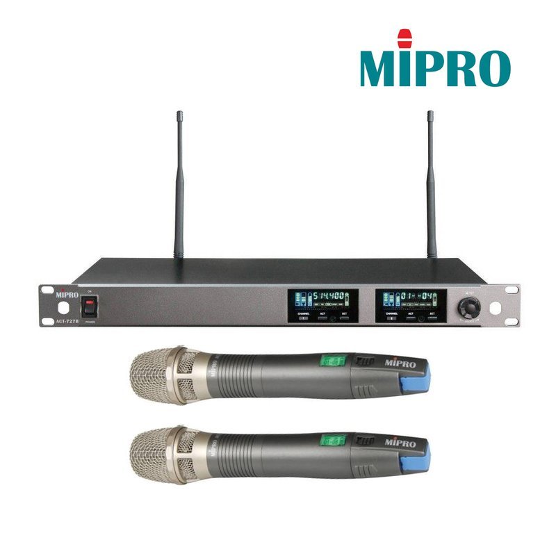 MIPRO 【MIPRO】ACT-727B/ACT-72H ACT-VFD 1U雙頻道純自動選訊無線麥克風組 (雙頻道窄頻接收機+手持麥克風兩支) — 三峽麥克風