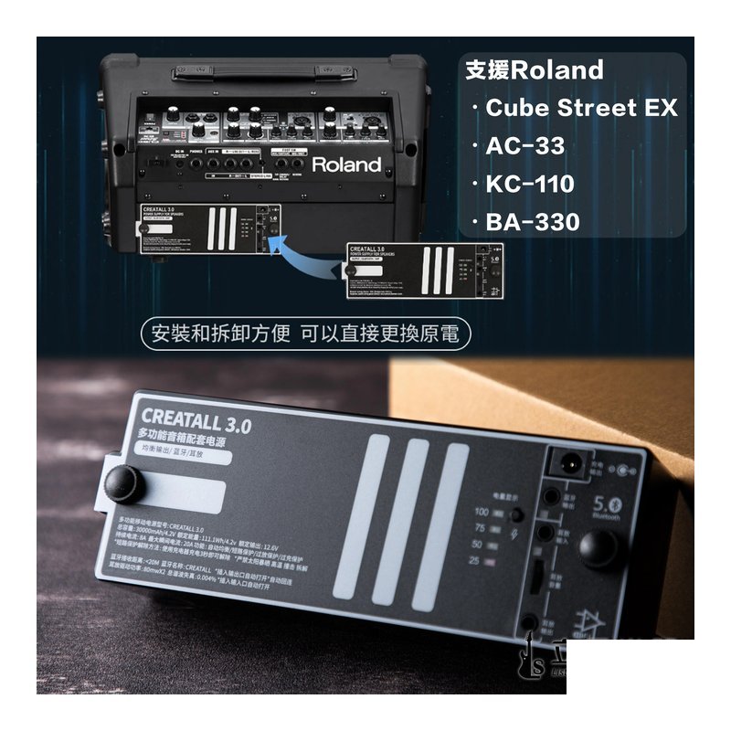 Roland 多功能音箱配套電源 CREATALL3.0 藍芽5.0 30000mAh 音箱行動電源 支援 Roland AC-33、KC-110、BA-330、Cube Street EX等系列音箱 — 三峽音響 / 音箱