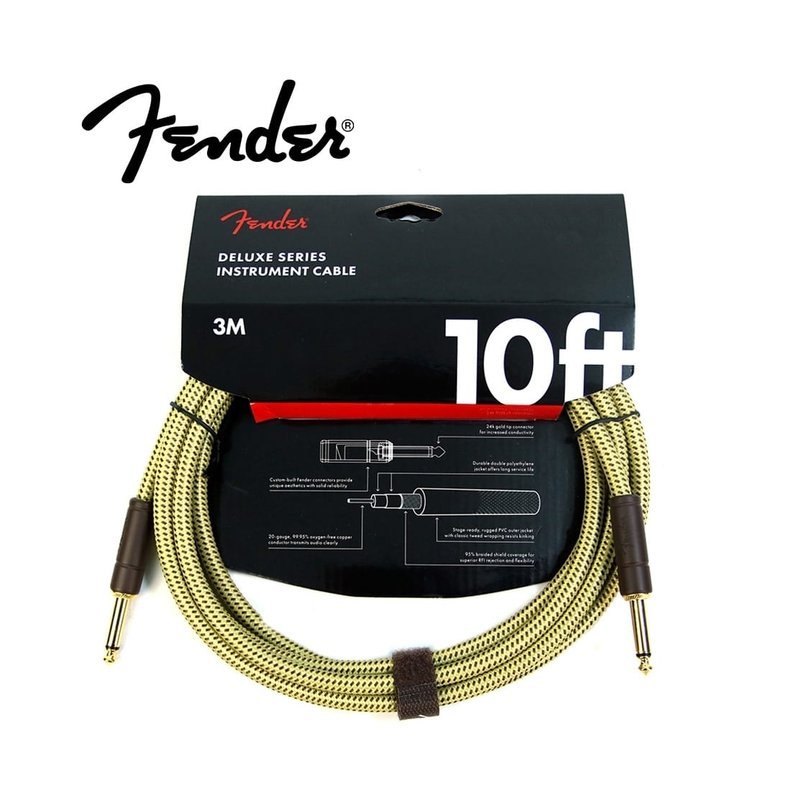 Fender FENDER 導線 10FT DELUXE系列 雙直酭 黑色/黃色編織 — 三峽導線