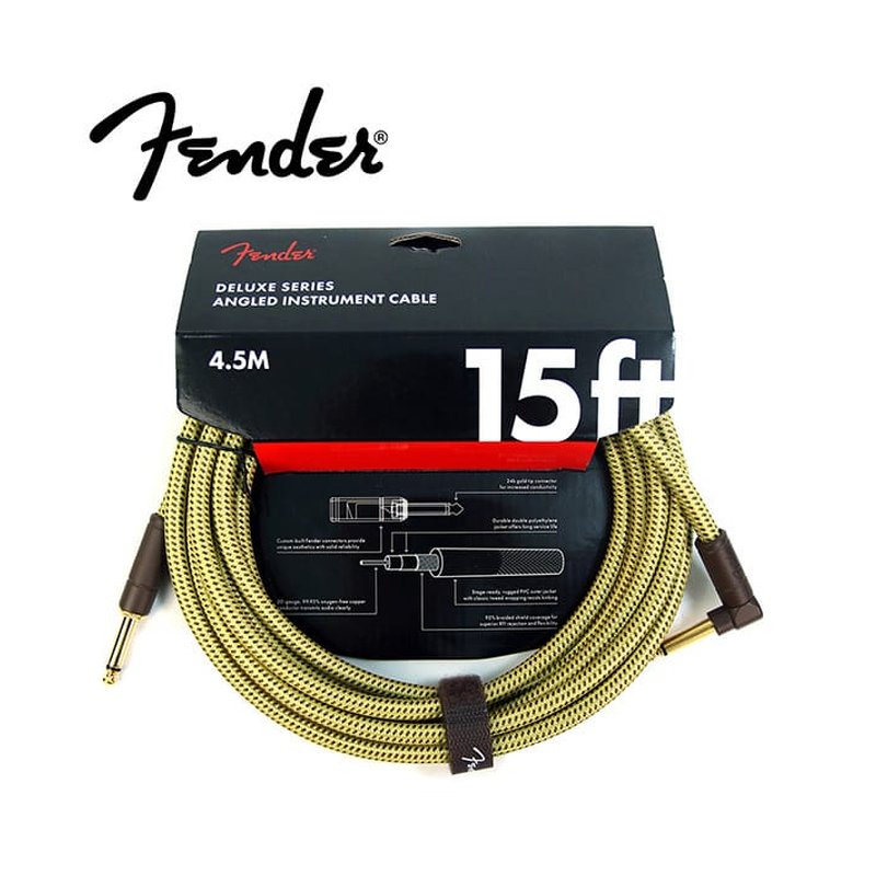 Fender Deluxe 15呎 黑黃色斜紋 吉他 貝斯 導線 編織皮 公司貨【宛伶樂器】 — 三峽吉他 / Bass